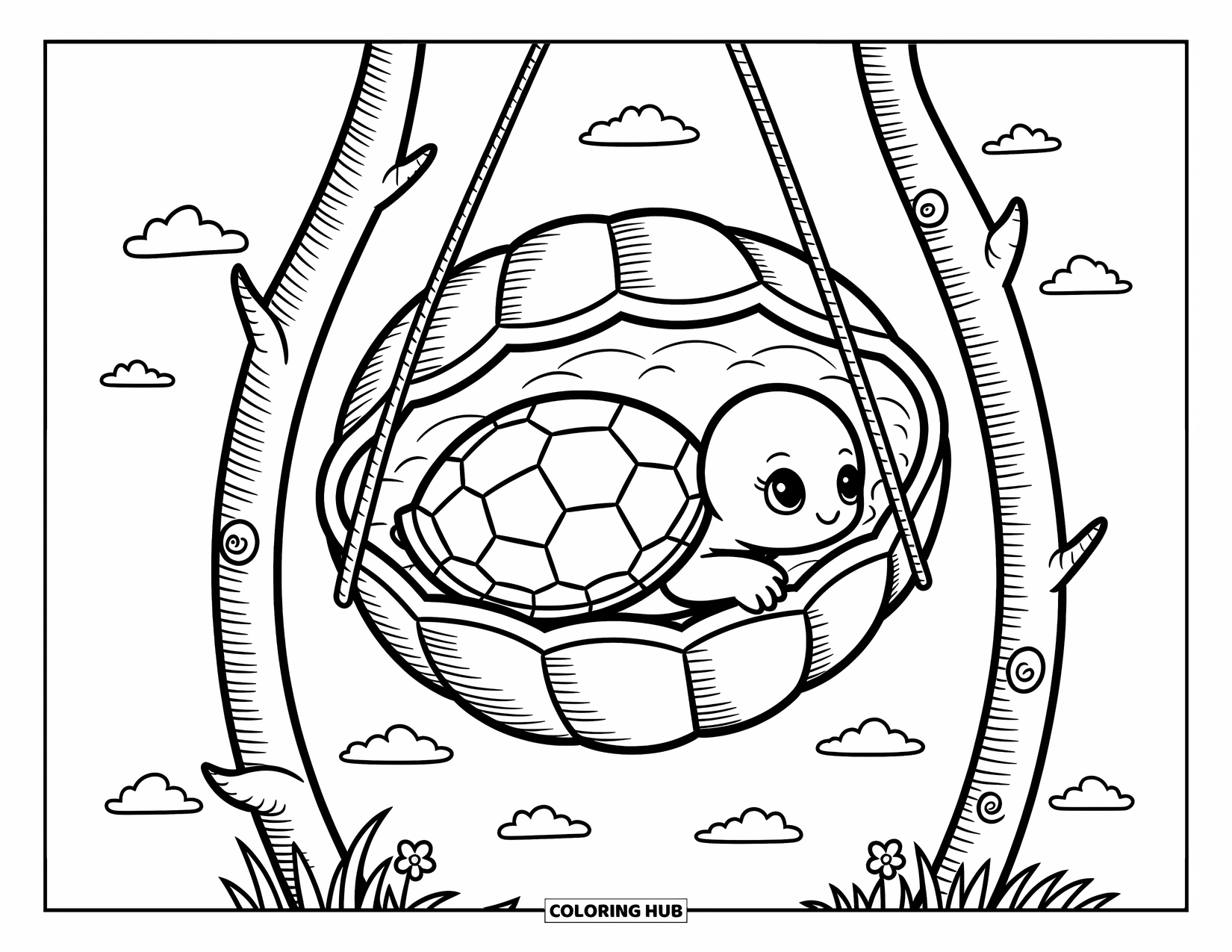 Baby Turtle Coloring Page for Adults: A turtle naps in a swaying shell between sticks, surrounded by clouds and tiny flowers