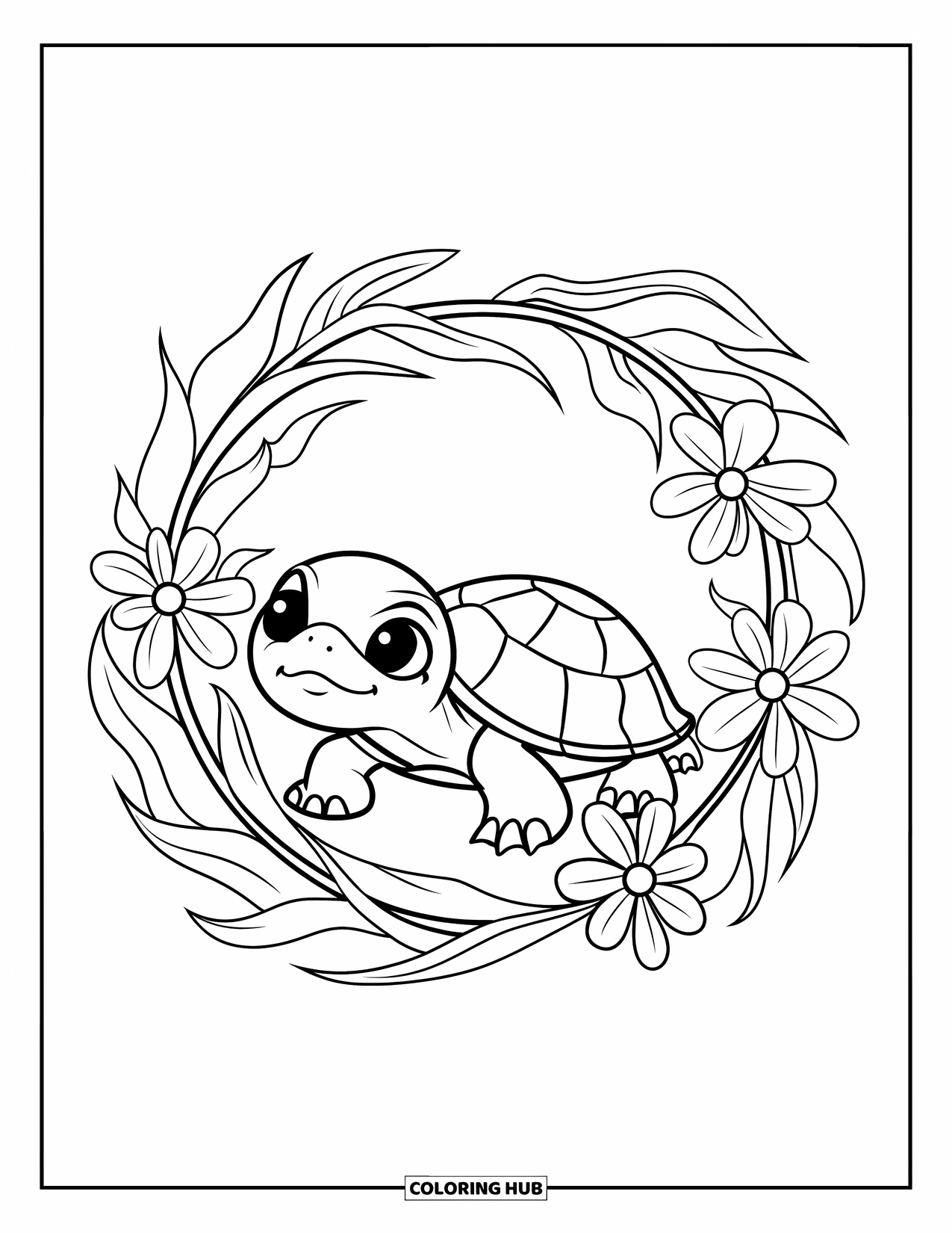 Baby Turtle Coloring Page for Adults: A turtle nestles in a circle of swirling leaves and blooming water flowers