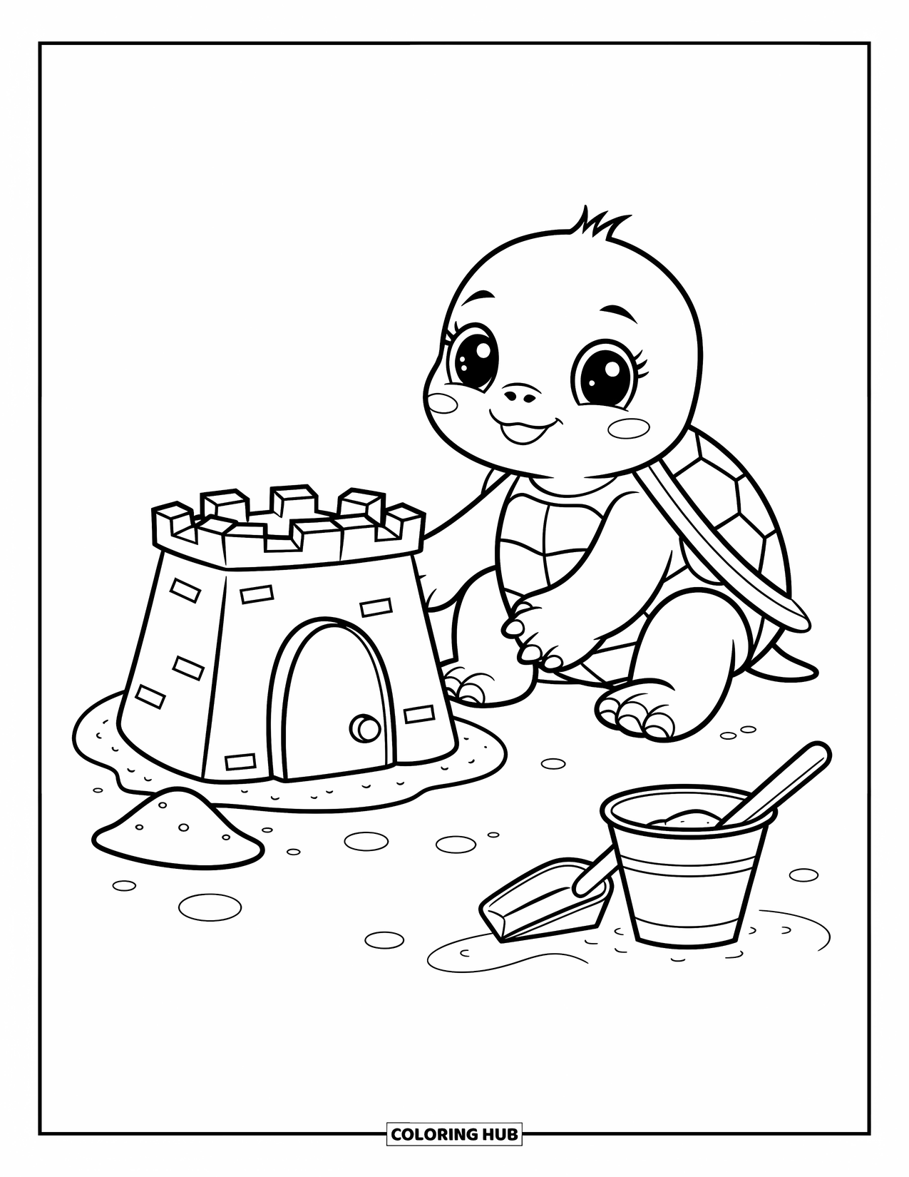 Baby Turtle Coloring Page for Adults: A turtle shapes a sandcastle by the beach with pail, shovel, and cozy touches