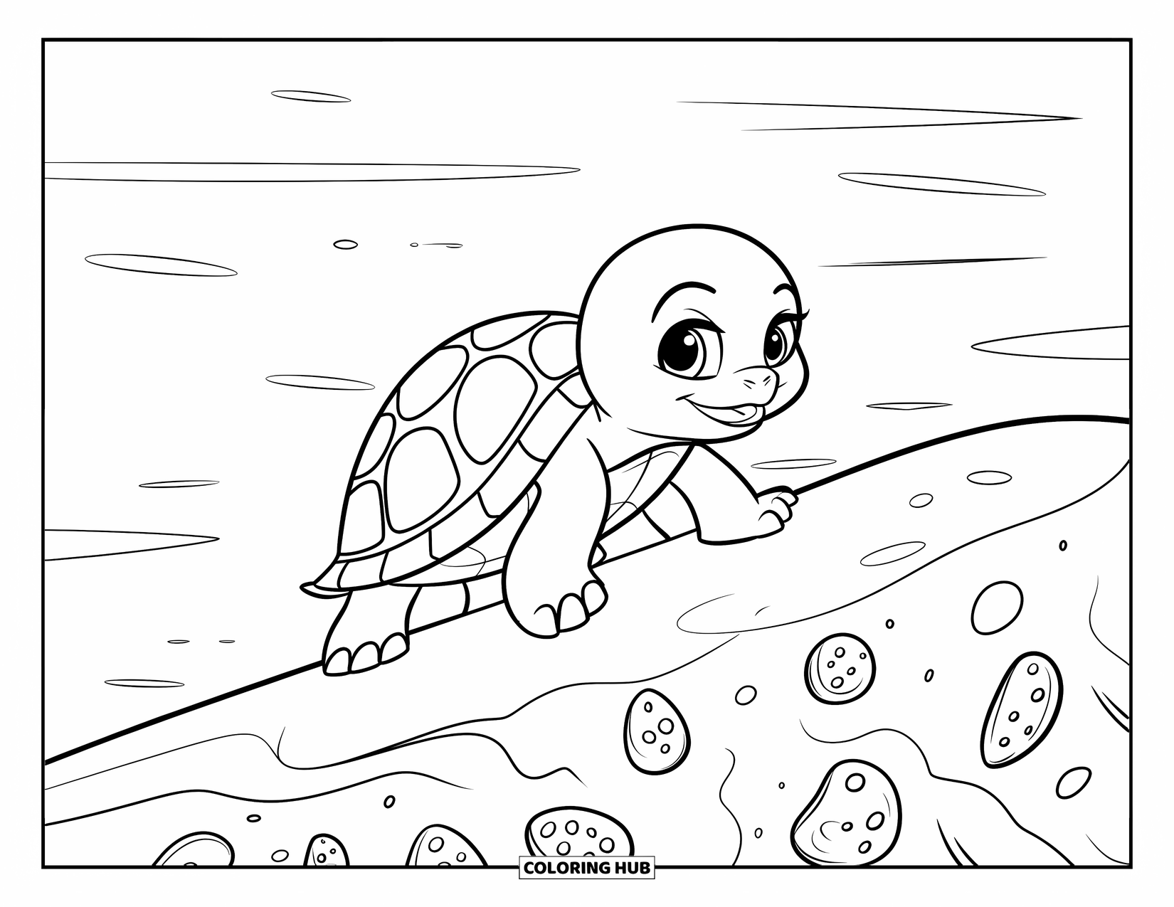 Baby Turtle Coloring Page for Kids: A baby turtle climbs a barnacle-covered rock ledge above calm ocean waves