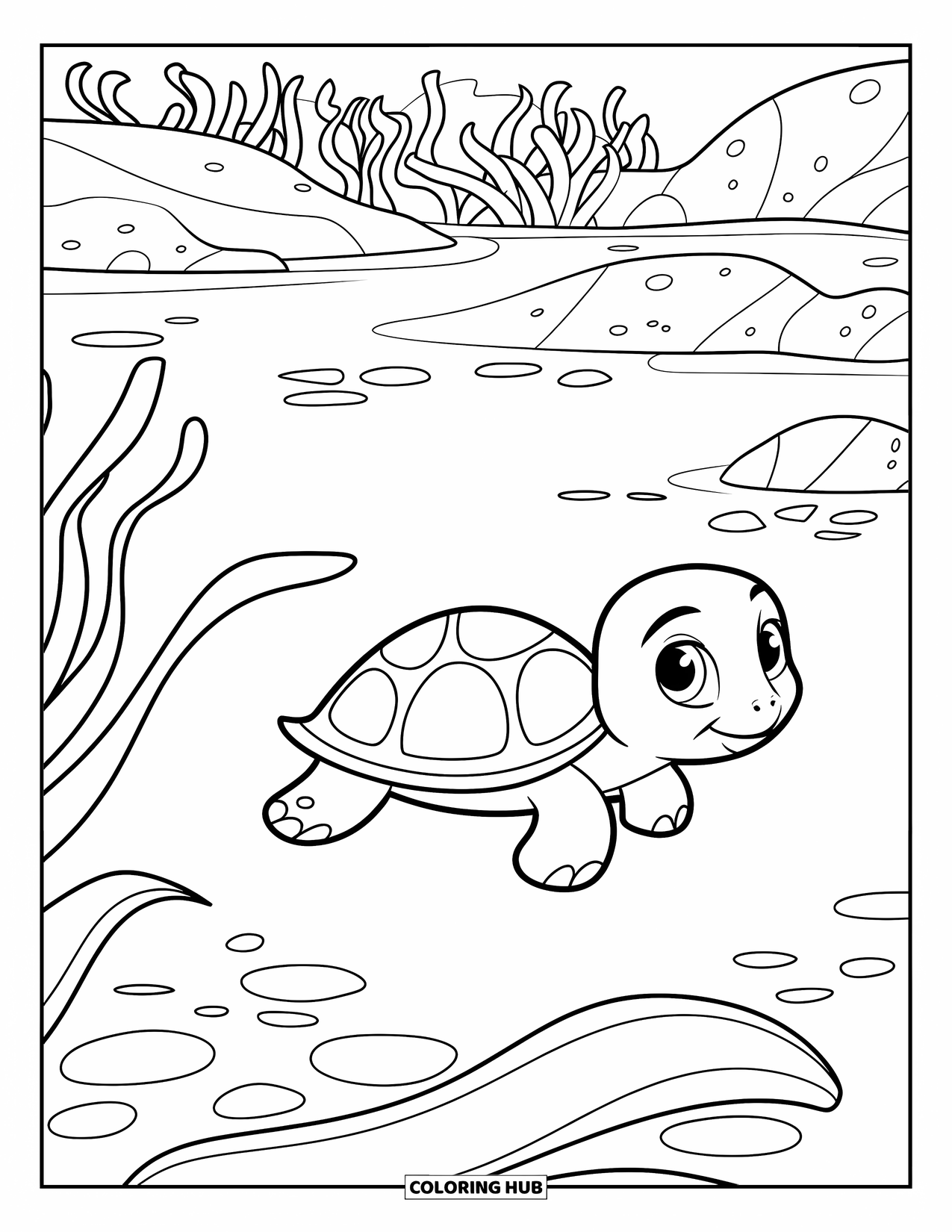 Baby Turtle Coloring Page for Kids: A baby turtle floats peacefully in water surrounded by drifting kelp