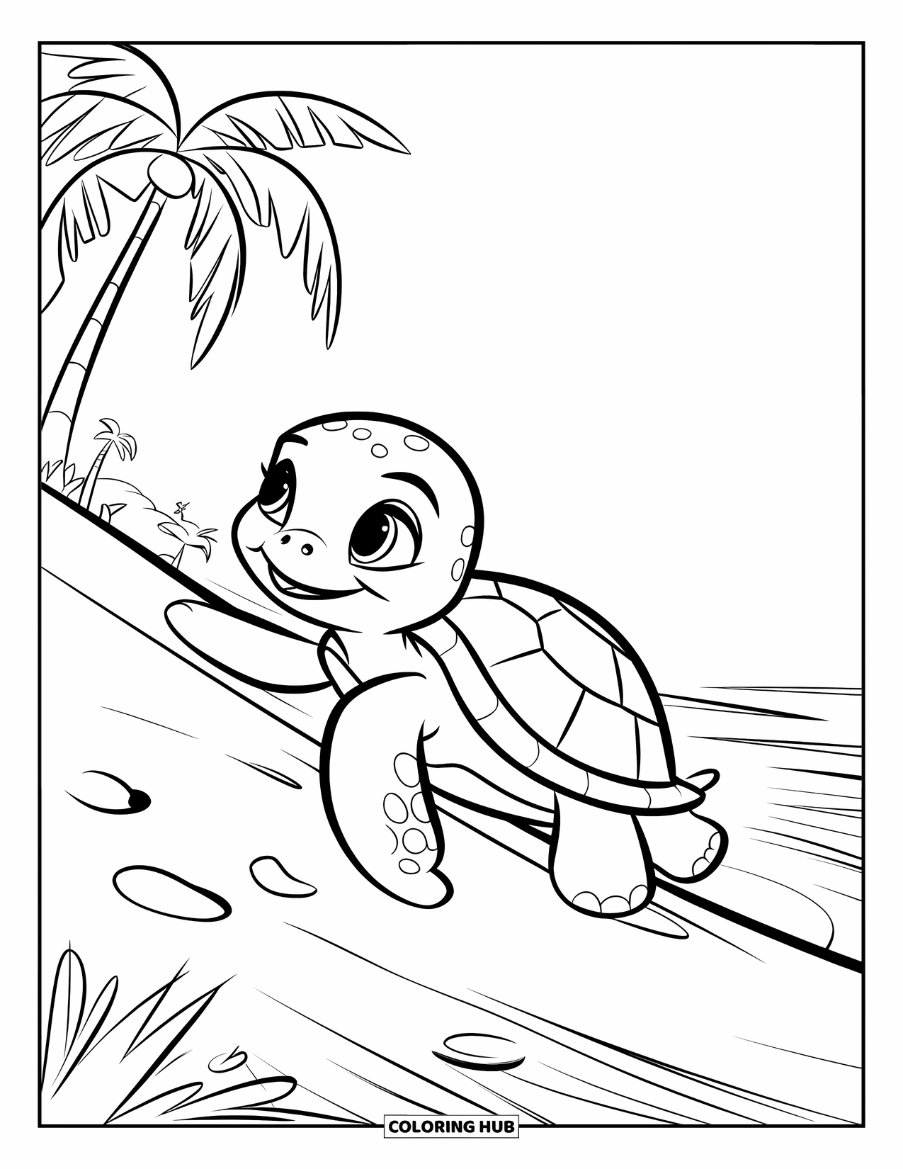 Baby Turtle Coloring Page for Kids: A baby turtle glides down a sandy slope dotted with footprints and palm trees