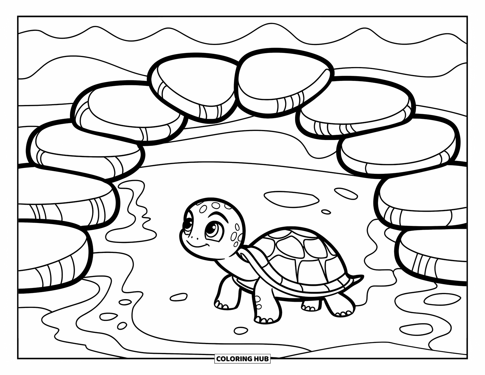 Baby Turtle Coloring Page for Kids: A baby turtle glides under flat stacked stones in a calm ocean scene