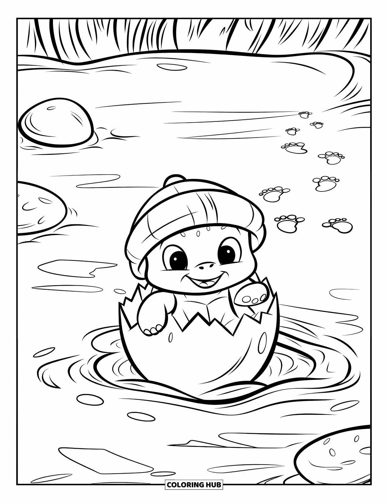 Baby Turtle Coloring Page for Kids: A baby turtle hatches from an egg on warm sand with footprints all around