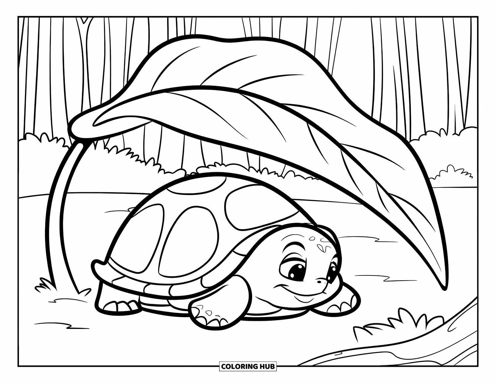 Baby Turtle Coloring Page for Kids: A baby turtle naps peacefully under a big leaf in a quiet forest