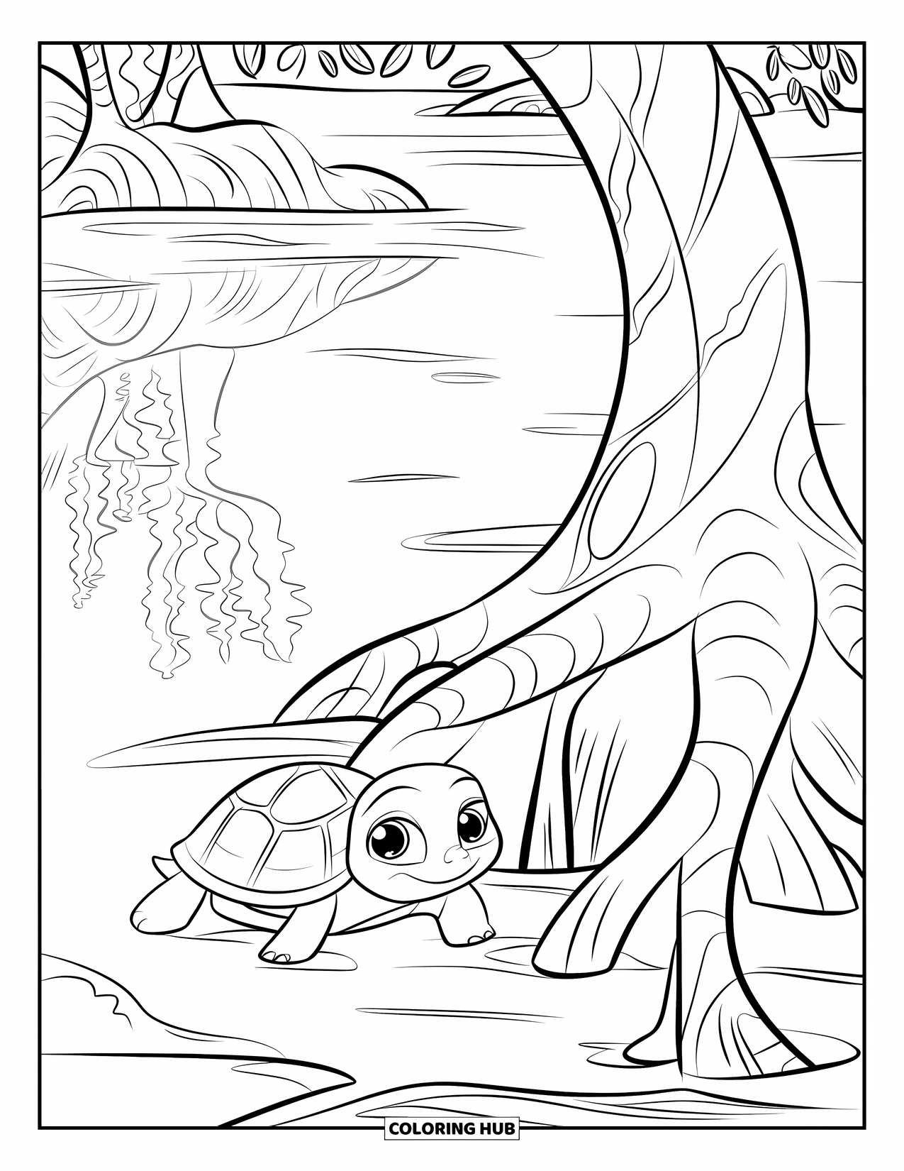 Baby Turtle Coloring Page for Kids: A baby turtle relaxes by mangrove roots with calm reflections in the water