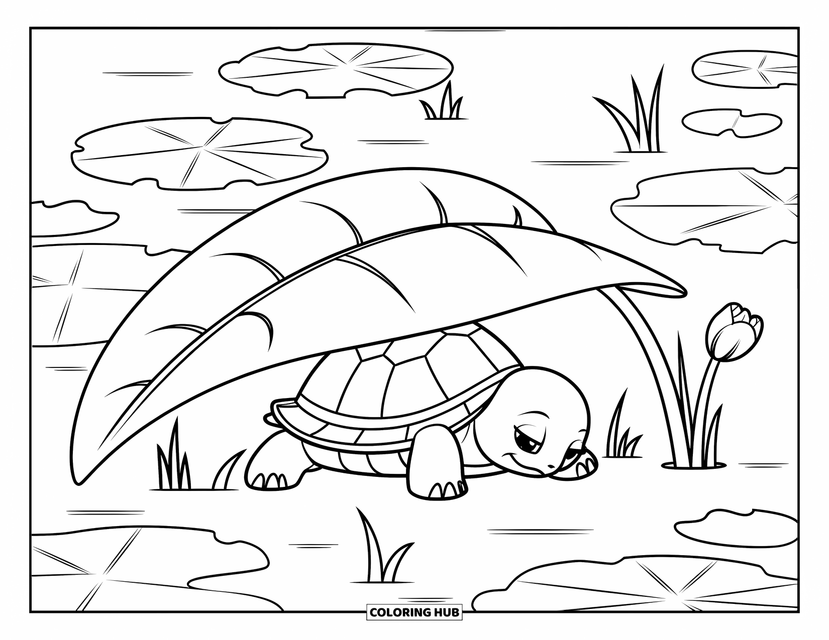 Baby Turtle Coloring Page for Kids: A baby turtle rests under a leafy canopy near flowers and clear pond water
