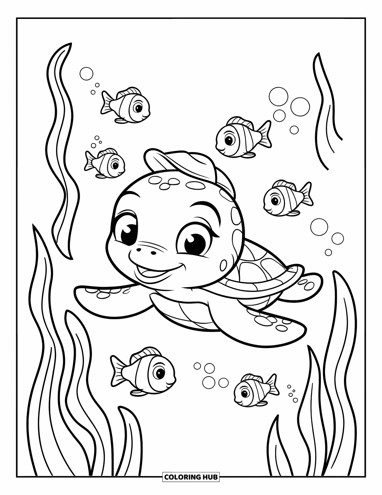 Baby Turtle Coloring Page for Kids: A baby turtle swims with small fish among long swaying seaweed