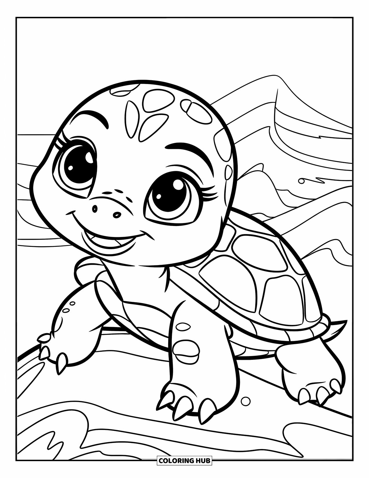 Baby Turtle Coloring Page for Kids: A baby turtle turns its head while sitting on a rock with waves behind it