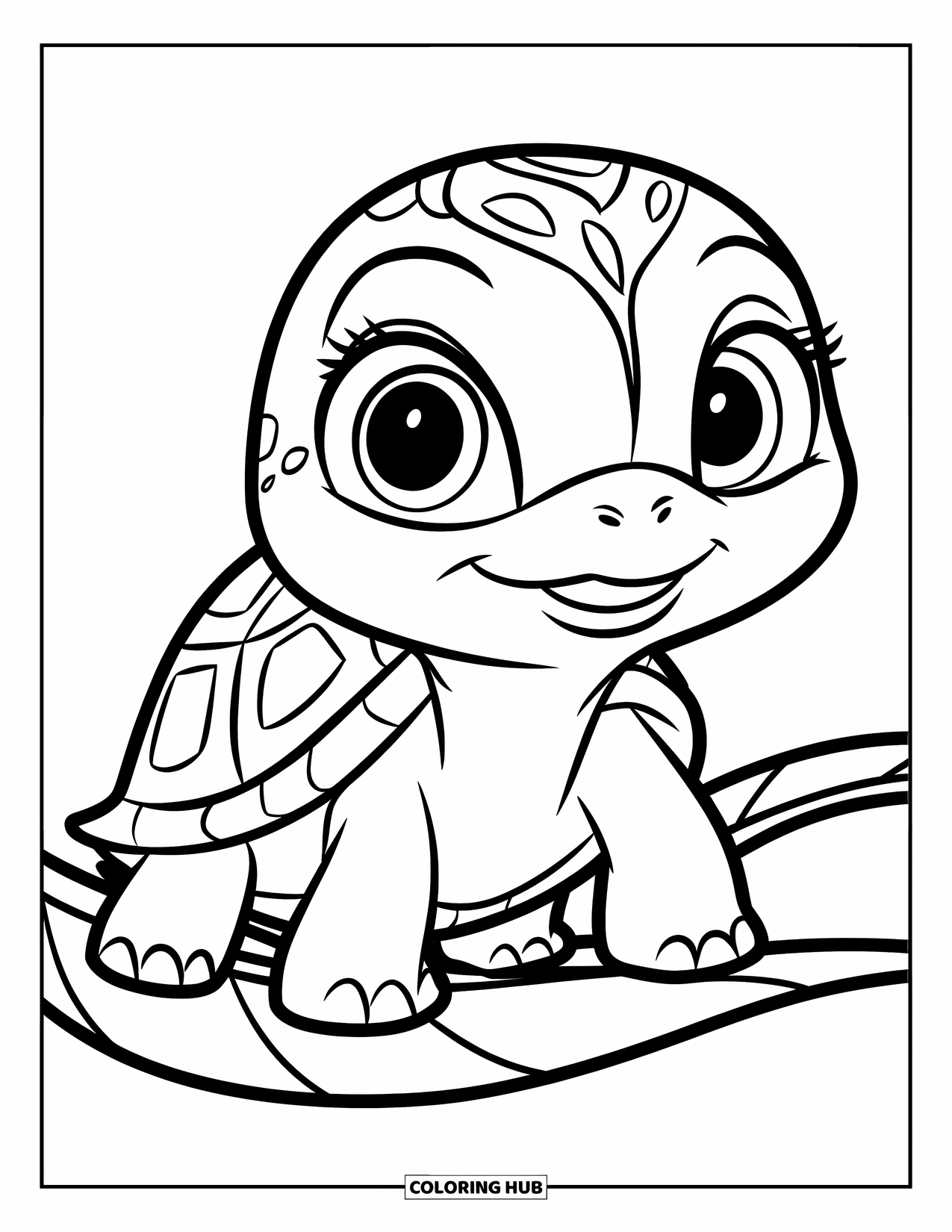 Baby Turtle Coloring Page for Kids: A baby turtle with big eyes rests on a leaf with a sweet expression