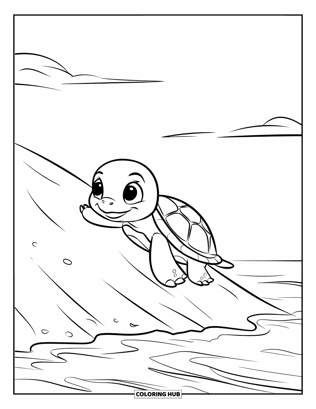Baby Turtle Coloring Page for Kids: A happy turtle slides toward the ocean under a sky with soft clouds