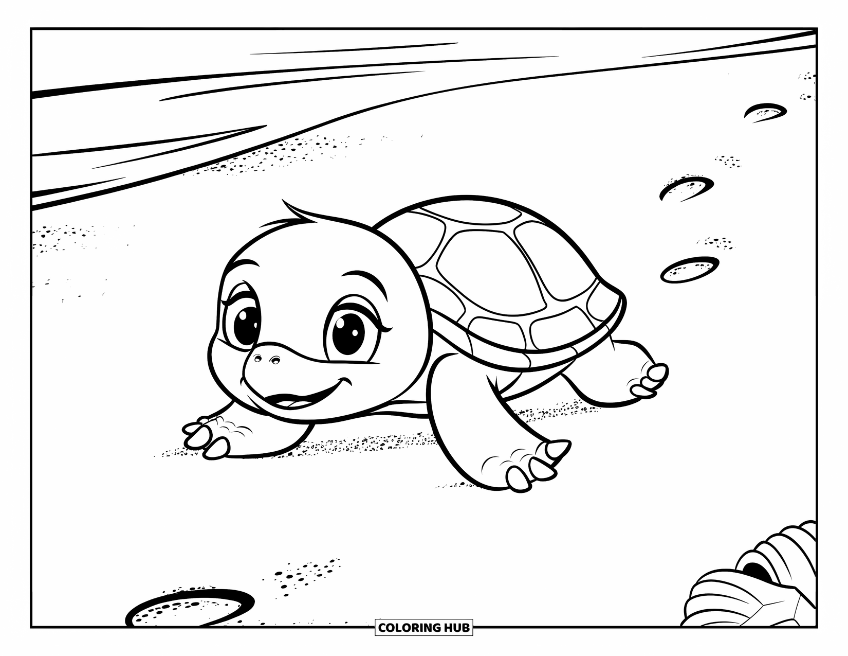 Baby Turtle Coloring Page for Kids: A round baby turtle crawls across soft sand with seashells and prints behind it
