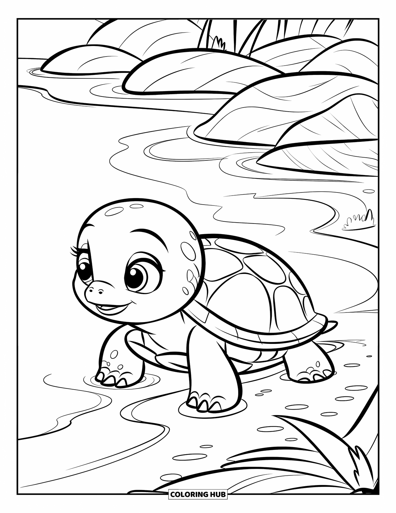 Baby Turtle Coloring Page for Kids: A tiny turtle heads for the sea with waves and plants behind it