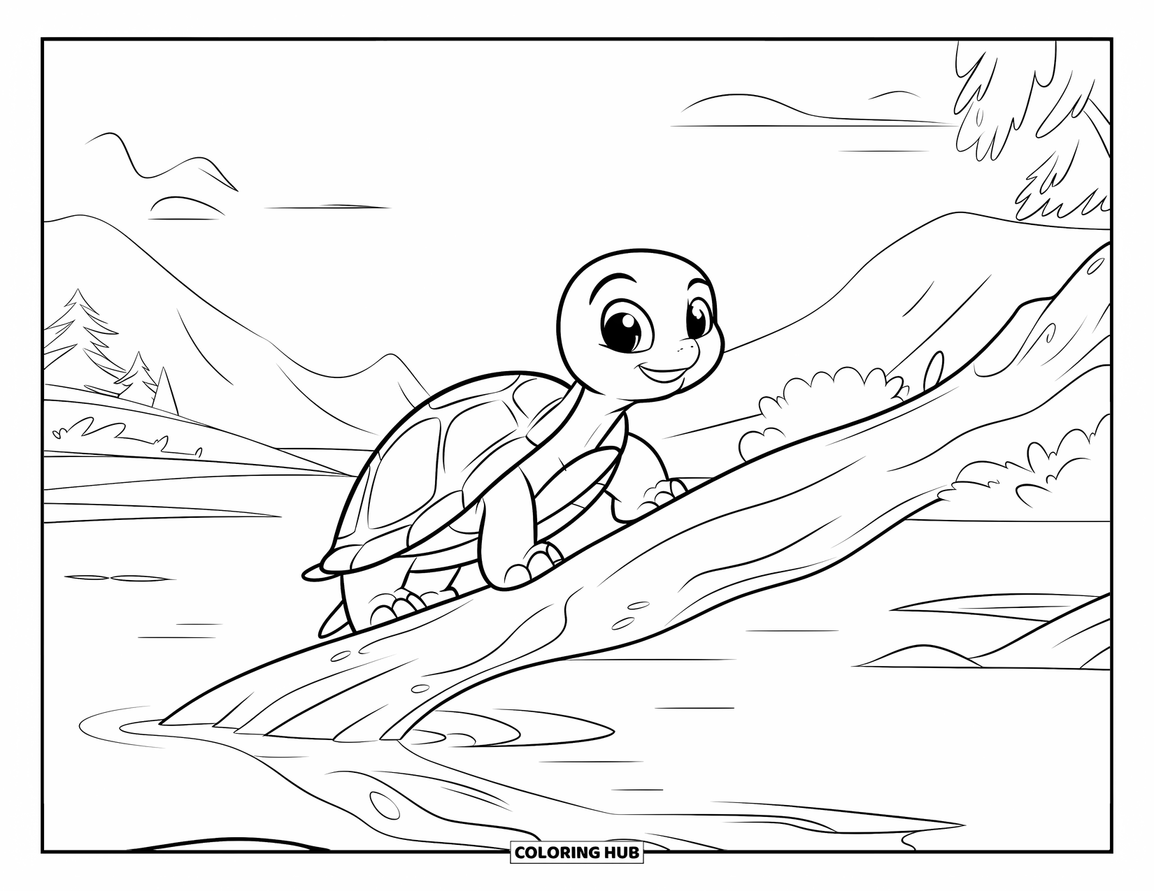 Baby Turtle Coloring Page for Kids: A turtle climbs a mossy driftwood log near calm waters and tall trees