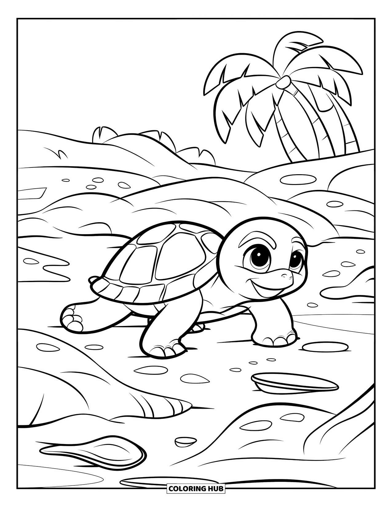 Baby Turtle Coloring Page for Kids: A turtle crawls over rocky beach terrain with scattered shells