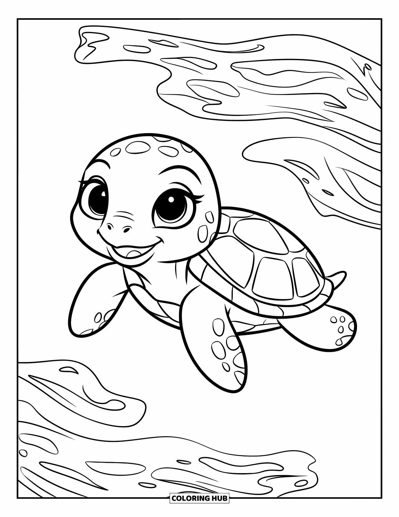 Baby Turtle Coloring Page for Kids: A turtle drifts calmly through water as soft kelp waves around it