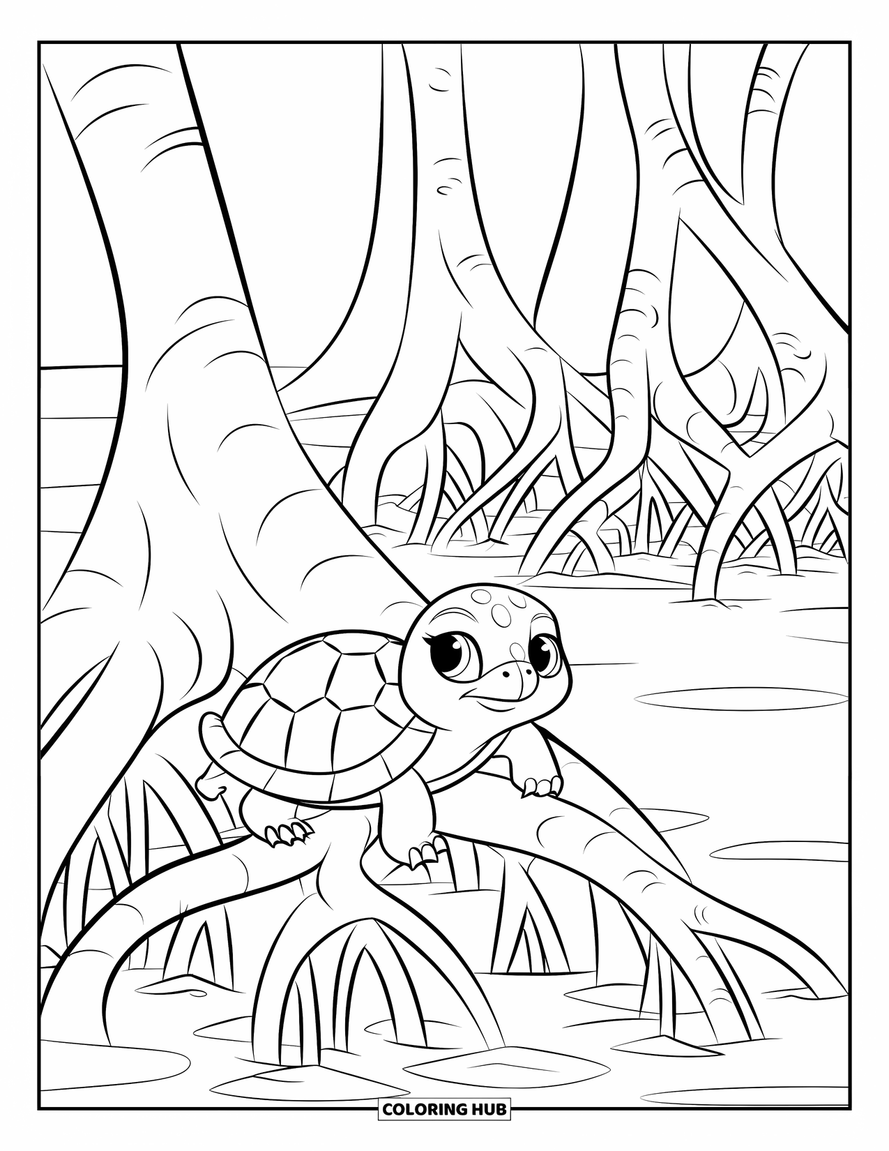Baby Turtle Coloring Page for Kids: A turtle sits quietly near water among thick mangrove roots