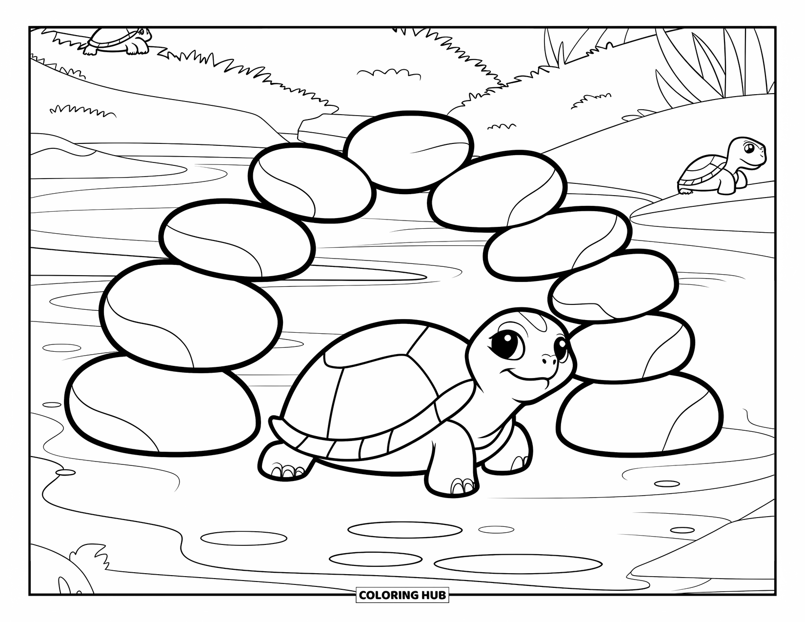 Baby Turtle Coloring Page for Kids: A turtle sits under smooth river stones near calm water and distant turtles
