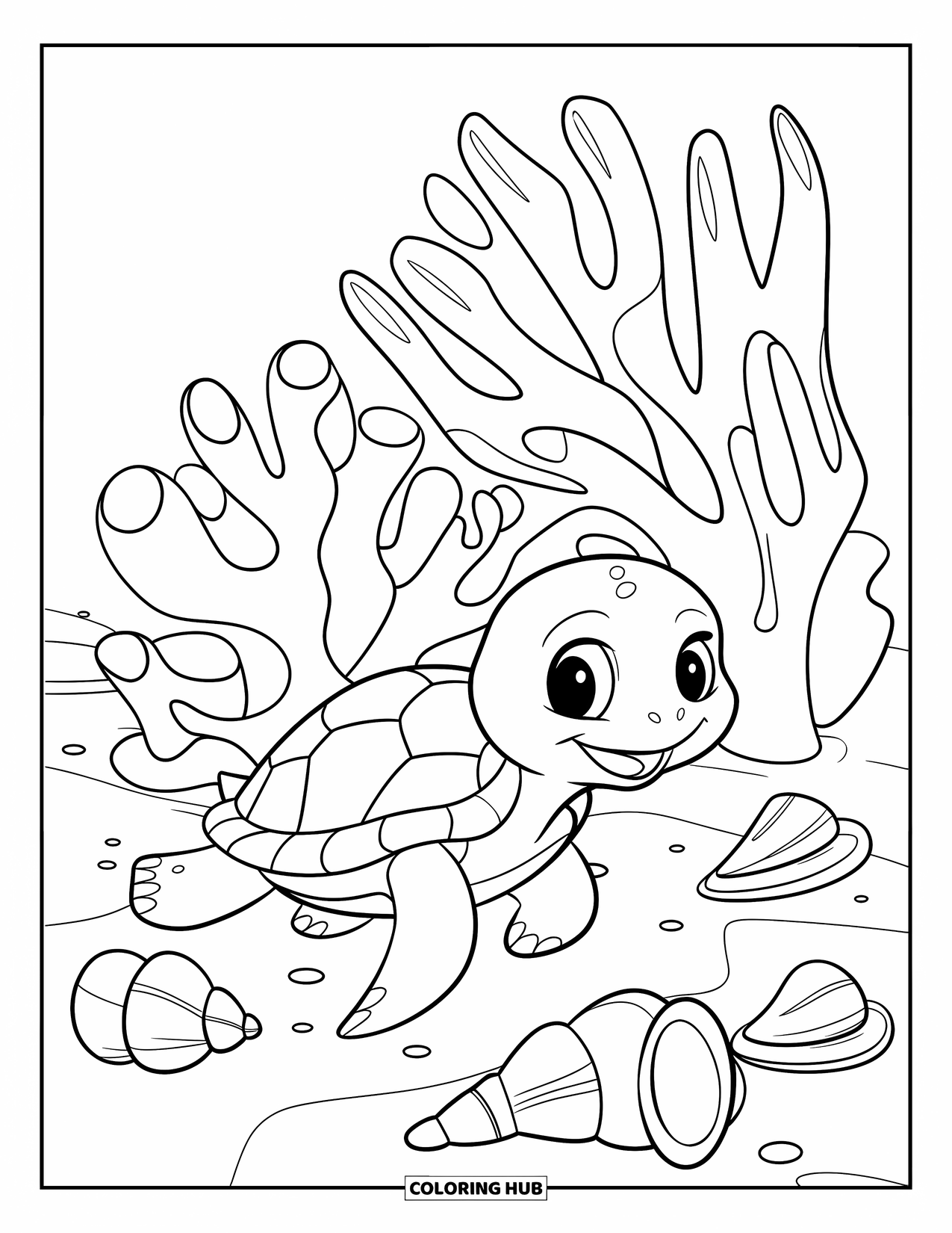 Baby Turtle Coloring Page for Kids: A turtle swims by coral and seashells with cute, rounded flippers