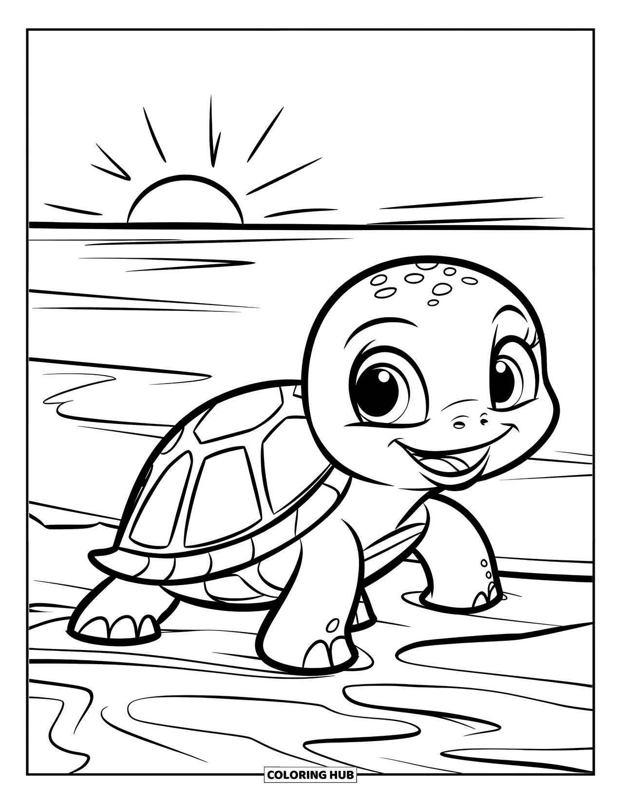 Baby Turtle Coloring Page for Kids: A turtle walks toward the waves at sunset on a peaceful shoreline