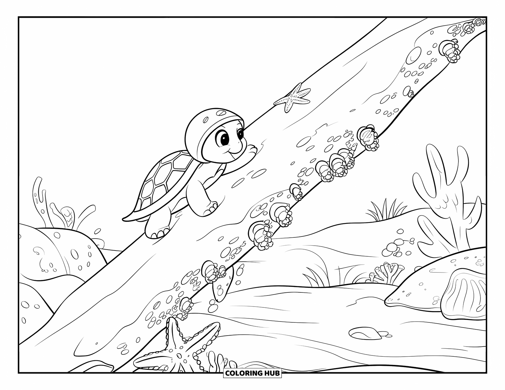 Baby Turtle Coloring Page for Kids: A turtle with a helmet climbs a rocky ledge near coral, starfish, and plants