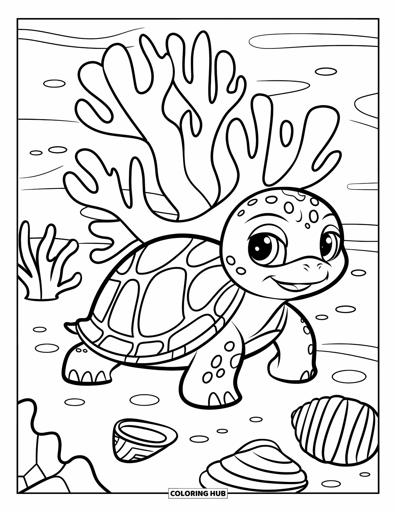 Baby Turtle Coloring Page for Kids: A turtle with a patterned shell swims near coral and scattered seashells