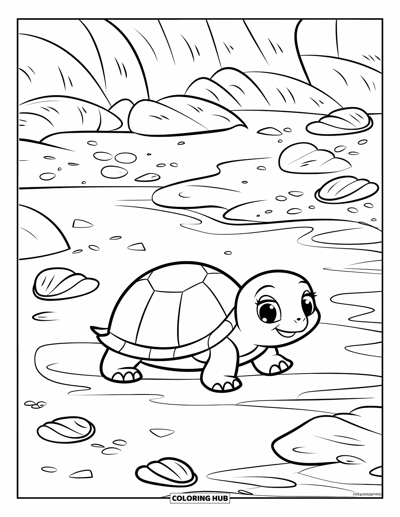 Baby Turtle Coloring Page for Kids: A turtle with tiny legs crosses a shell-filled rocky beach