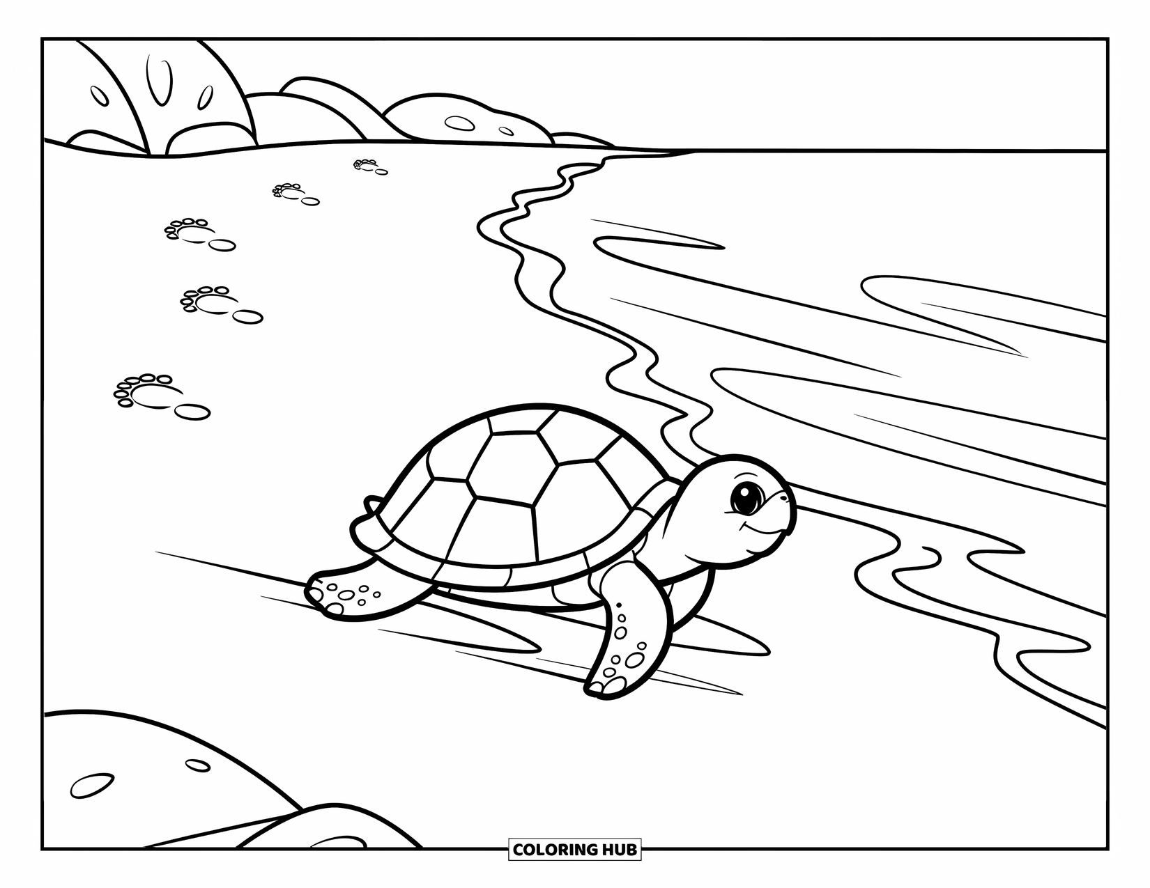 Baby Turtle Coloring Page for Kids: Tiny turtle legs carry it across the beach toward gentle waves and rocks