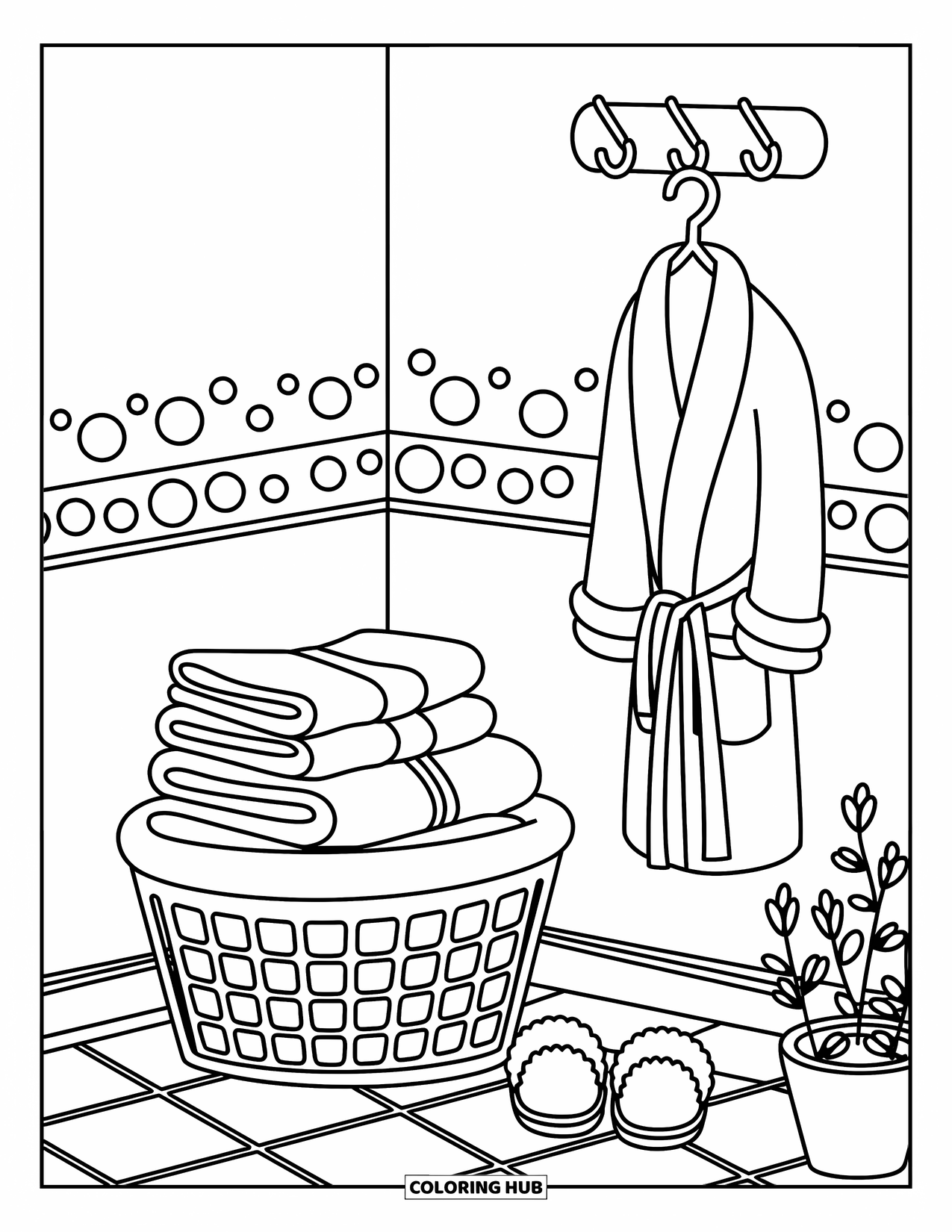 Bathroom Coloring Page for Adults: Basket of clothes, fluffy slippers, and robe in a whimsical bathroom nook
