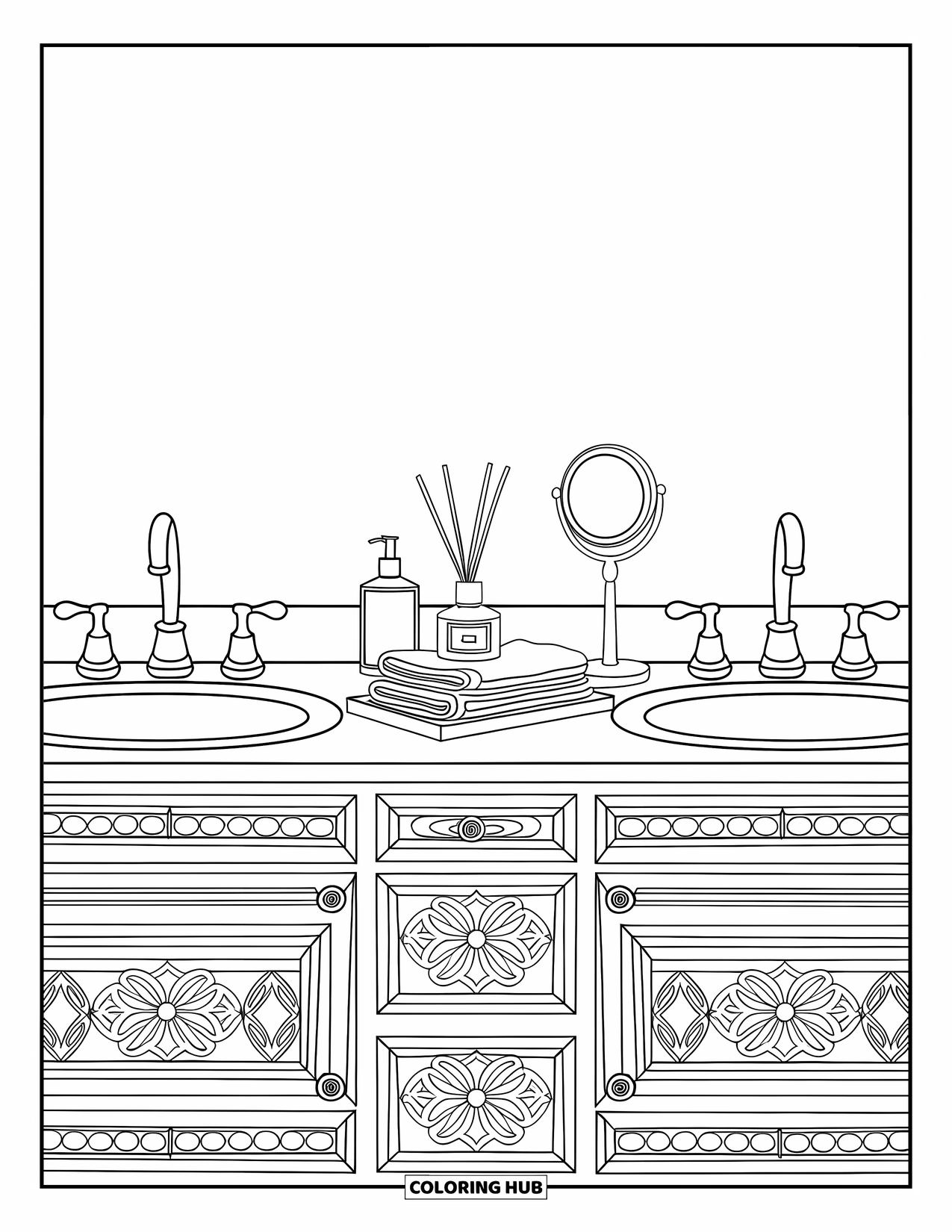 Bathroom Coloring Page for Adults: Bathroom vanity with double sinks, amber bottles, and cute towel stack