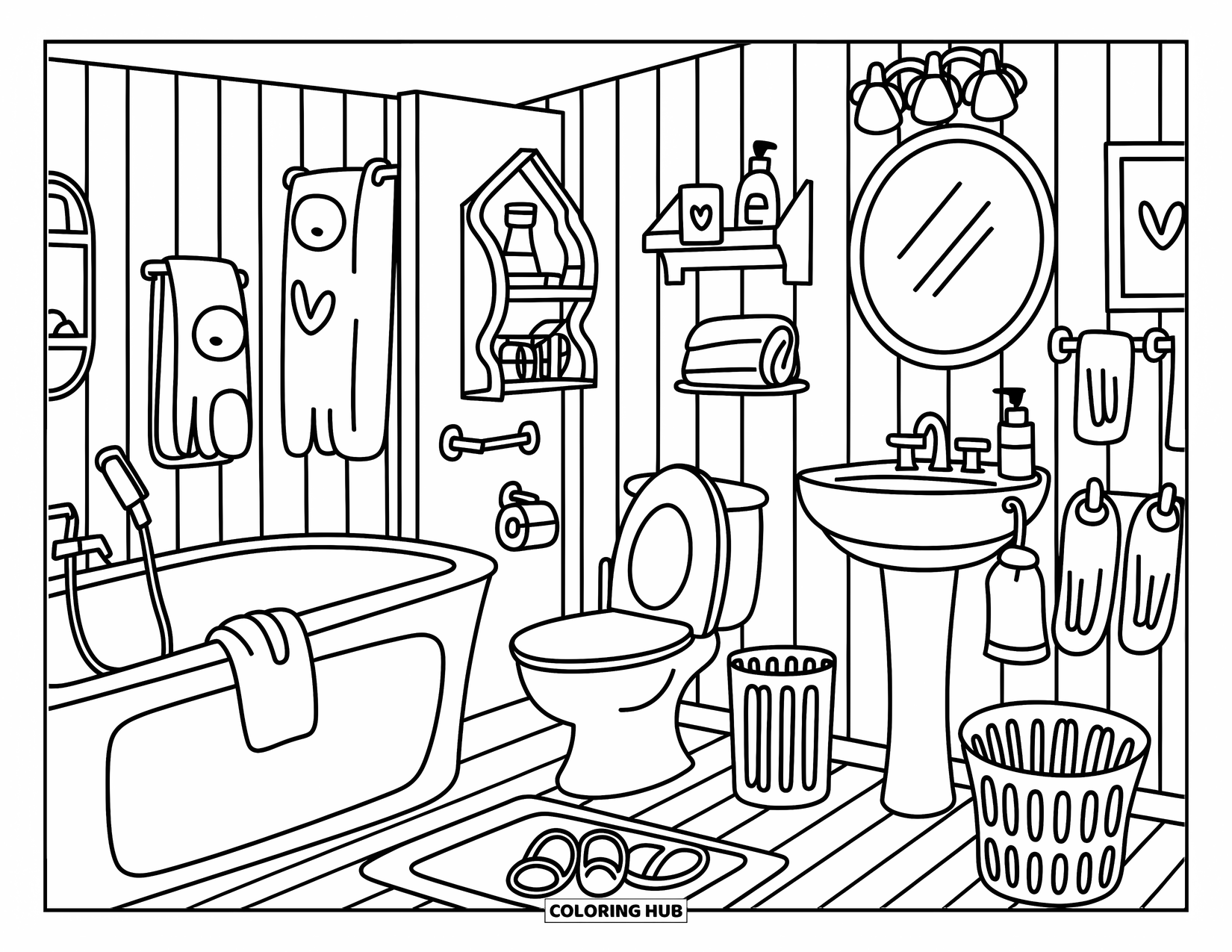 Bathroom Coloring Page for Adults: Cozy bathroom with a tub, sink, toilet, and cute little shelves and slippers