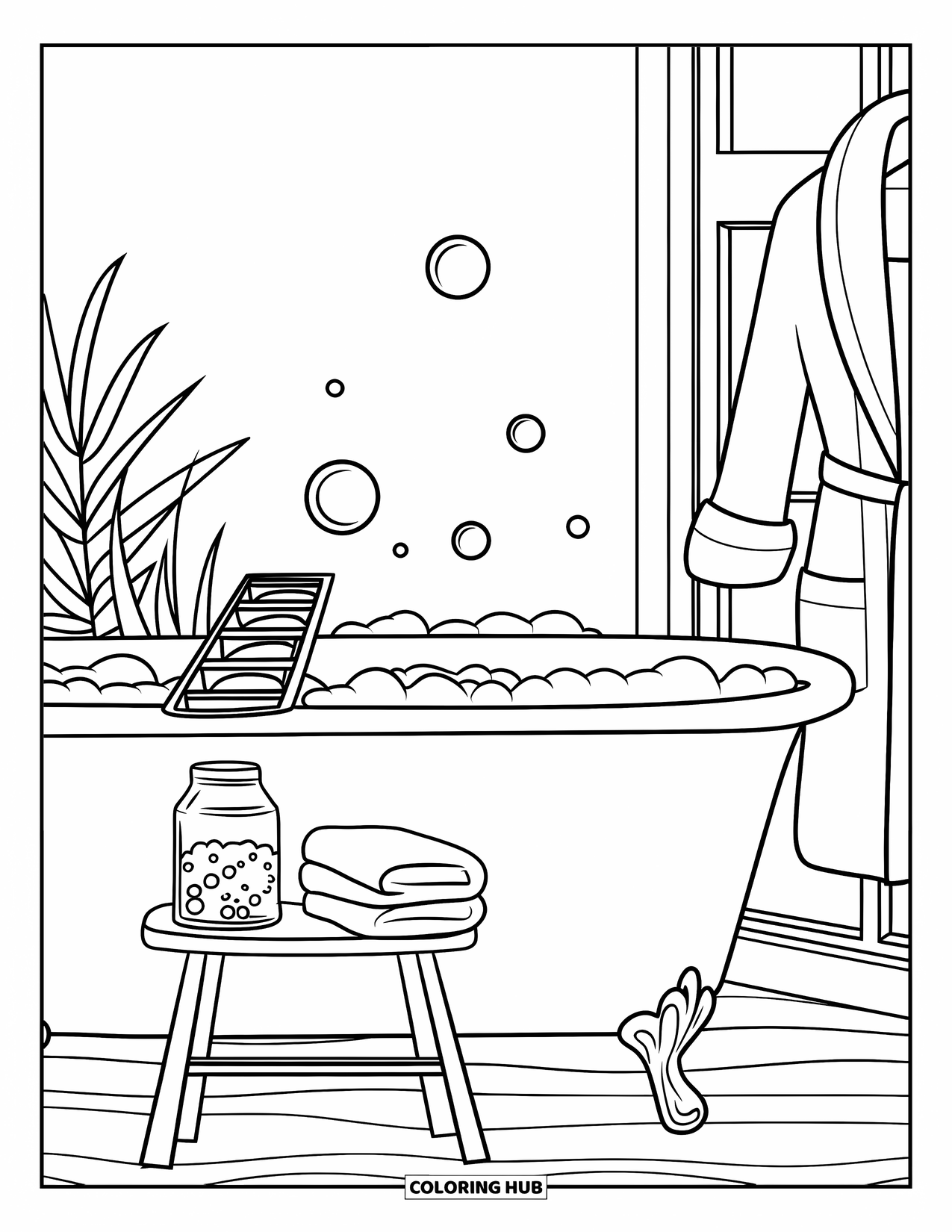 Bathroom Coloring Page for Adults: Cozy tub with bubbles, bath salts, towel stool, and robe on the door