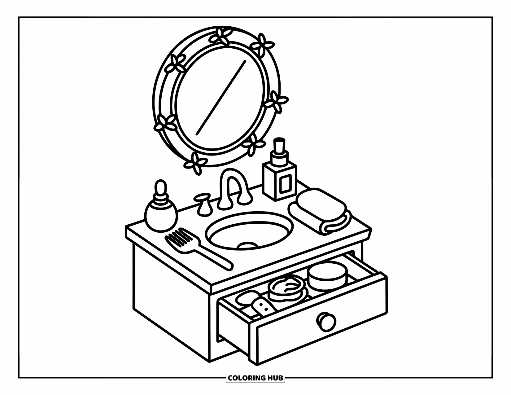 Bathroom Coloring Page for Adults: Cute vanity with bow mirror, tiny towels, perfume, and open drawer of goodies