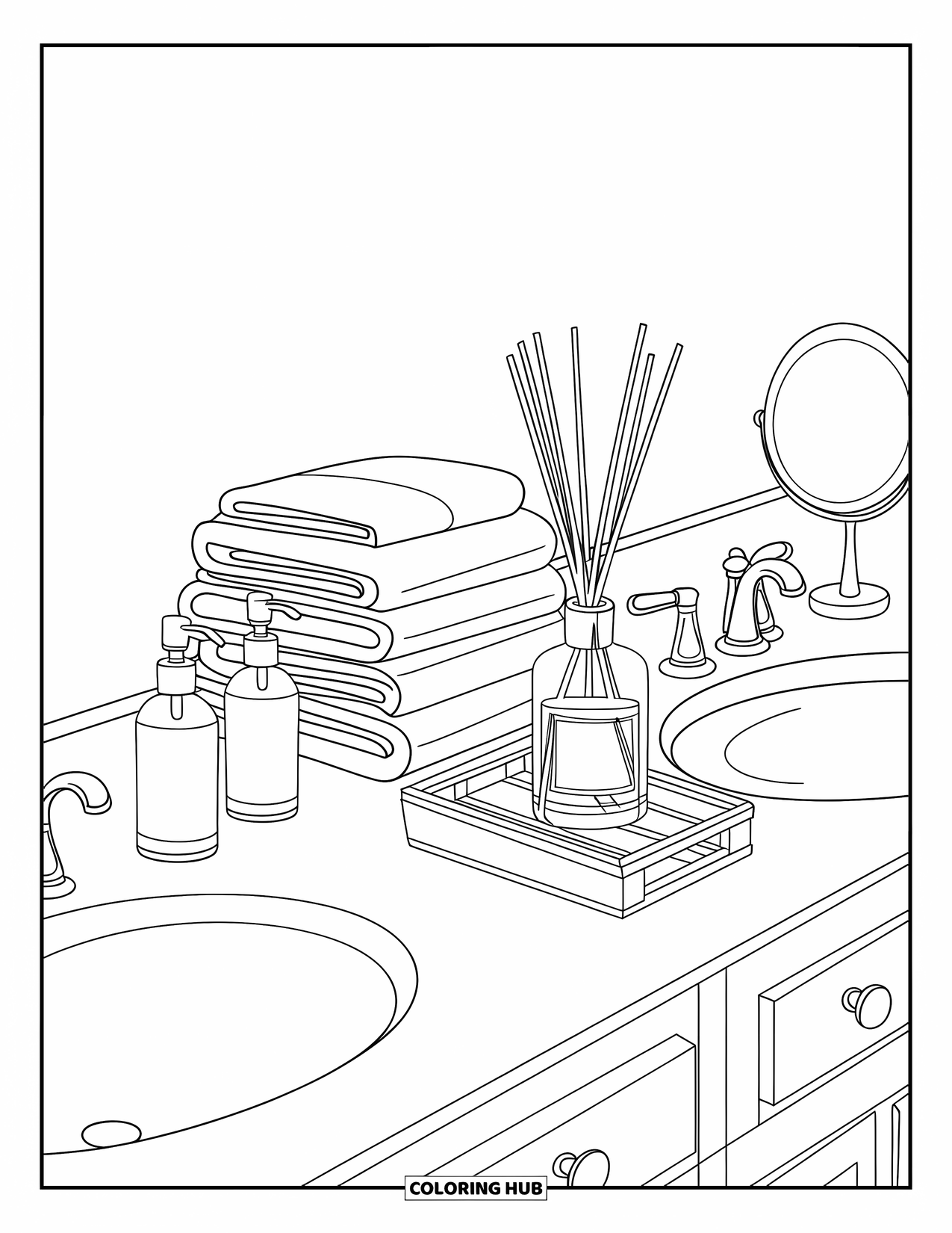 Bathroom Coloring Page for Adults: Double-sink vanity with glass dispensers, towels, and a reed diffuser
