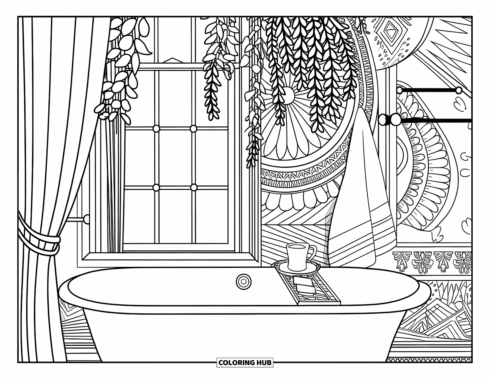 Bathroom Coloring Page for Adults: Elegant tub setup with tea, towel, and soft eucalyptus in a peaceful space