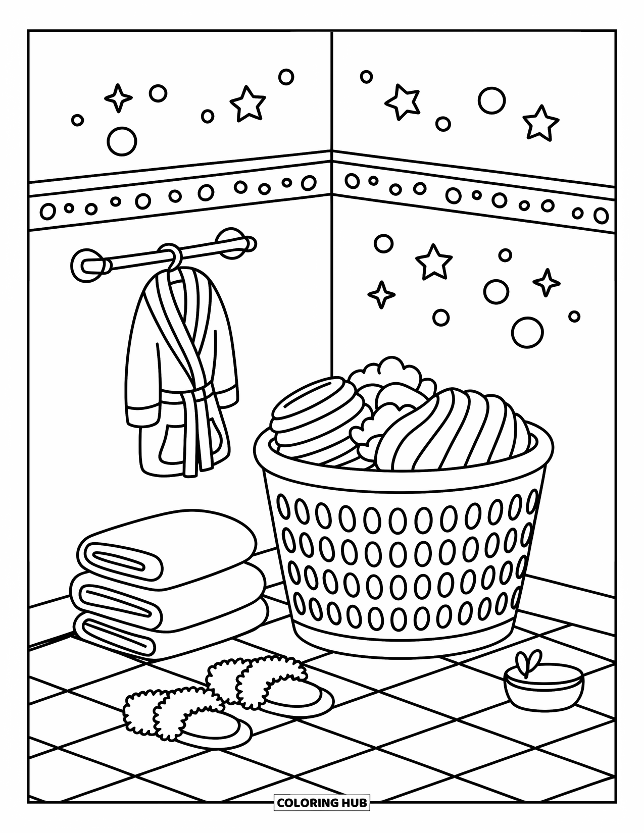 Bathroom Coloring Page for Adults: Laundry basket, folded towels, robe, and slippers in a cozy bathroom corner