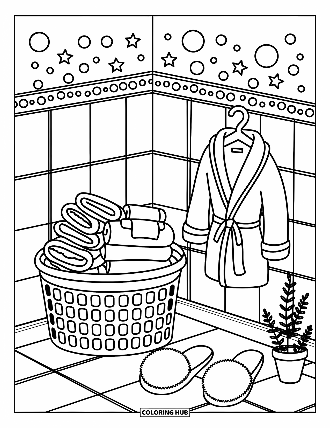 Bathroom Coloring Page for Adults: Laundry, robe, towels, and bubbles fill this sweet and tiny bathroom scene
