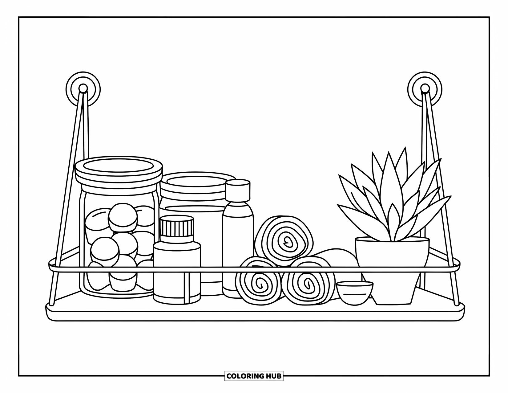 Bathroom Coloring Page for Adults: Neat spa shelf with oils, rolled towels, and a tiny succulent
