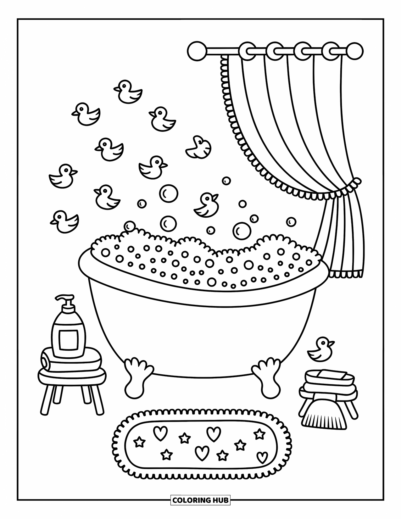 Bathroom Coloring Page for Adults: Rubber duckies float in a bubbly tub with a stool, towel, and bath curtain