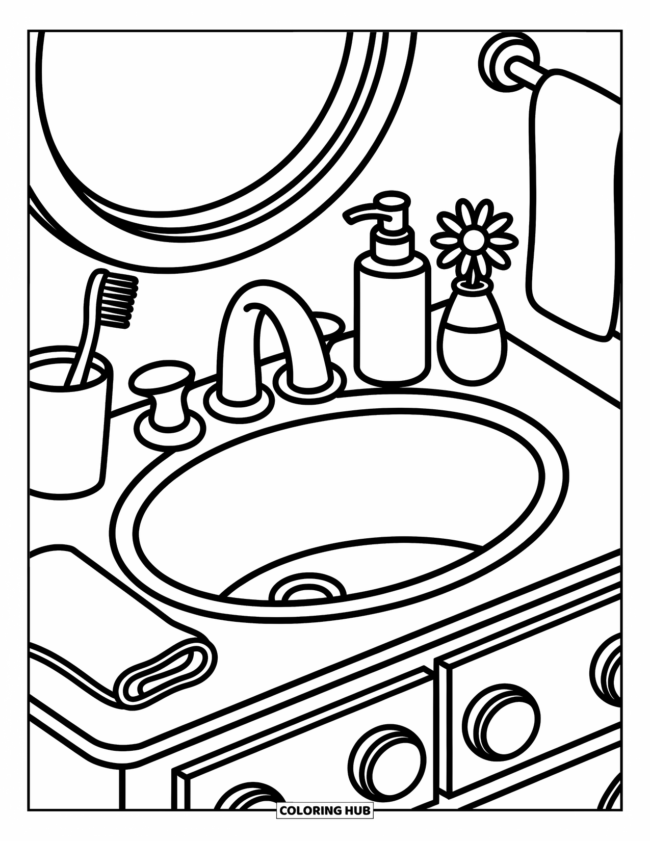 Bathroom Coloring Page for Adults: Sink with mirror, toothbrush, soap, towel, and a tiny flower vase