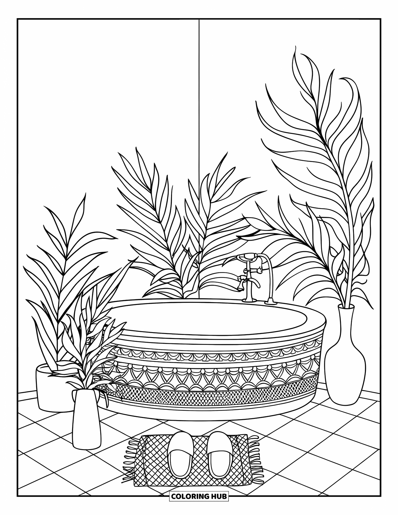Bathroom Coloring Page for Adults: Tiled corner with cozy tub, slippers, rug, and leafy greenery