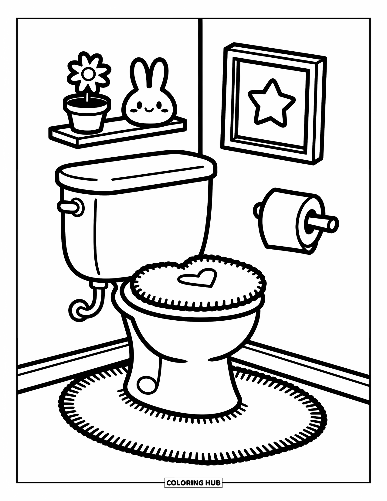 Bathroom Coloring Page for Adults: Toilet with heart seat, fluffy rug, and bunny air freshener on a shelf