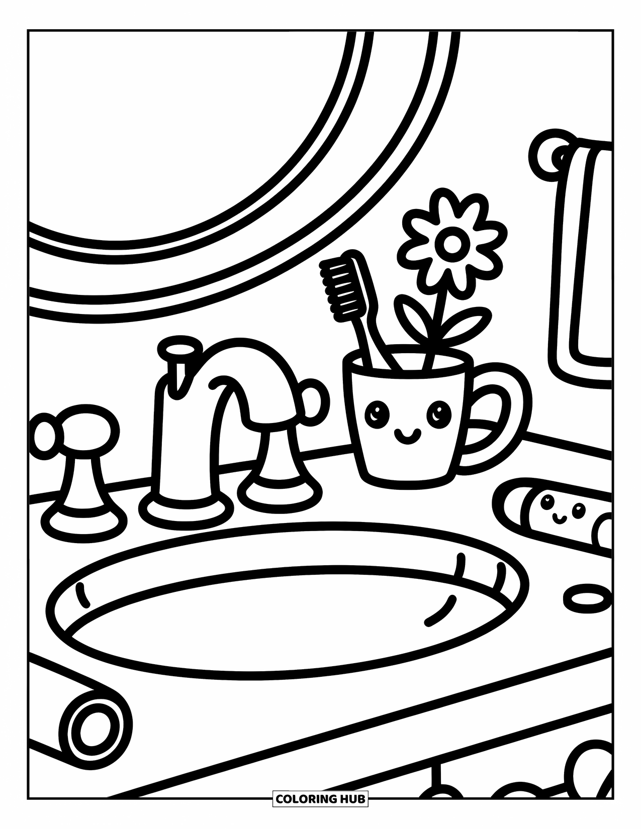 Bathroom Coloring Page for Adults: Toothbrush cup, flower vase, and soap decorate a cozy sink scene