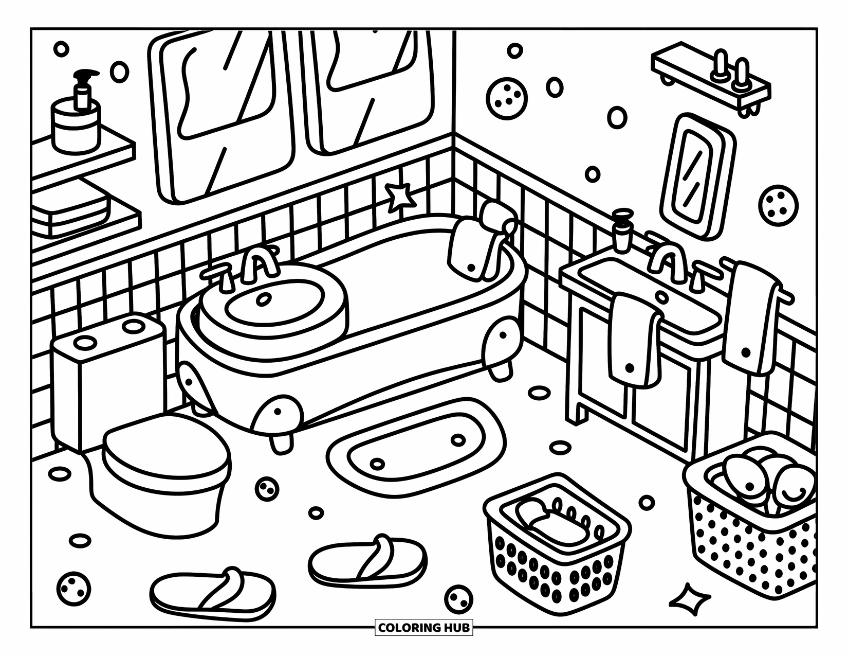 Bathroom Coloring Page for Adults: Tub, sink, and toilet in a sweet bathroom full of cute and tiny details