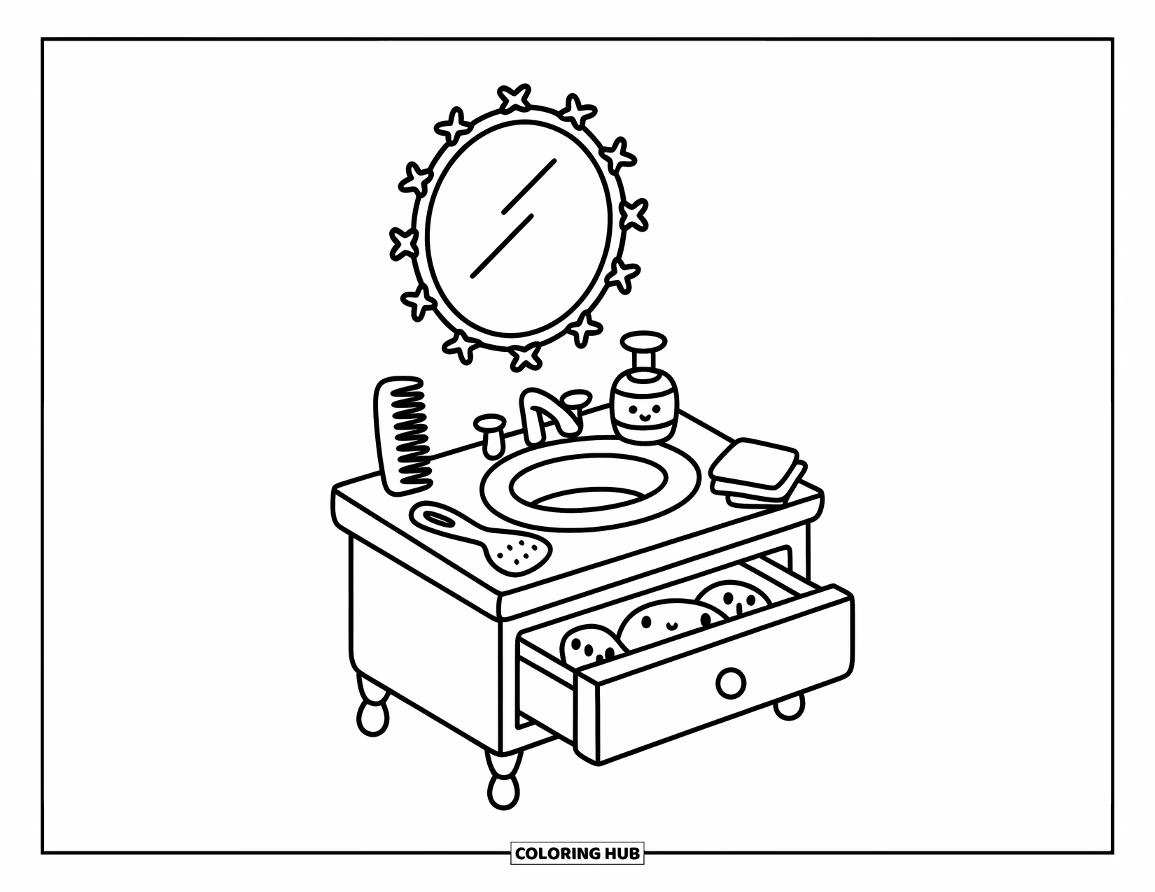 Bathroom Coloring Page for Adults: Vanity scene with bow mirror, tiny creams, towels, and soft shapes