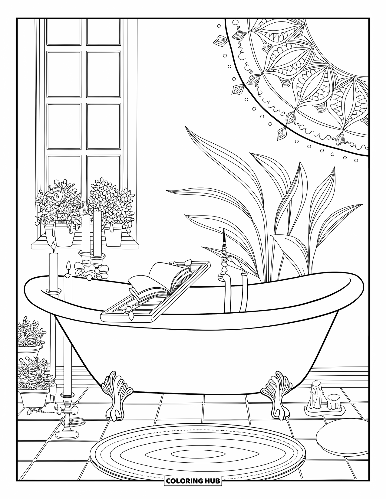 Bathroom Coloring Page for Adults: Vintage tub with open book, candles, plants, and a cozy window view