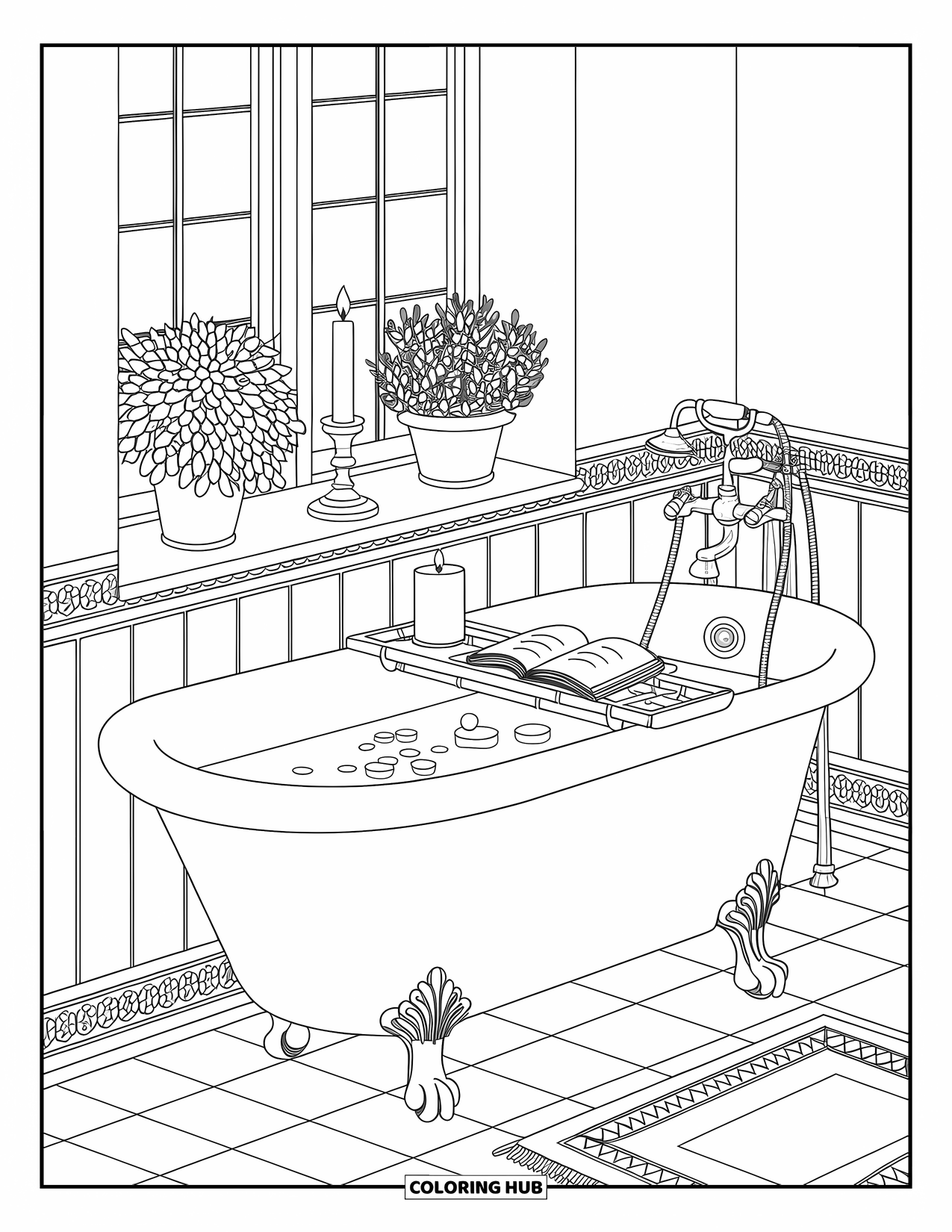 Bathroom Coloring Page for Adults: Warm tub with floating bath items, candles, and potted plants near a window