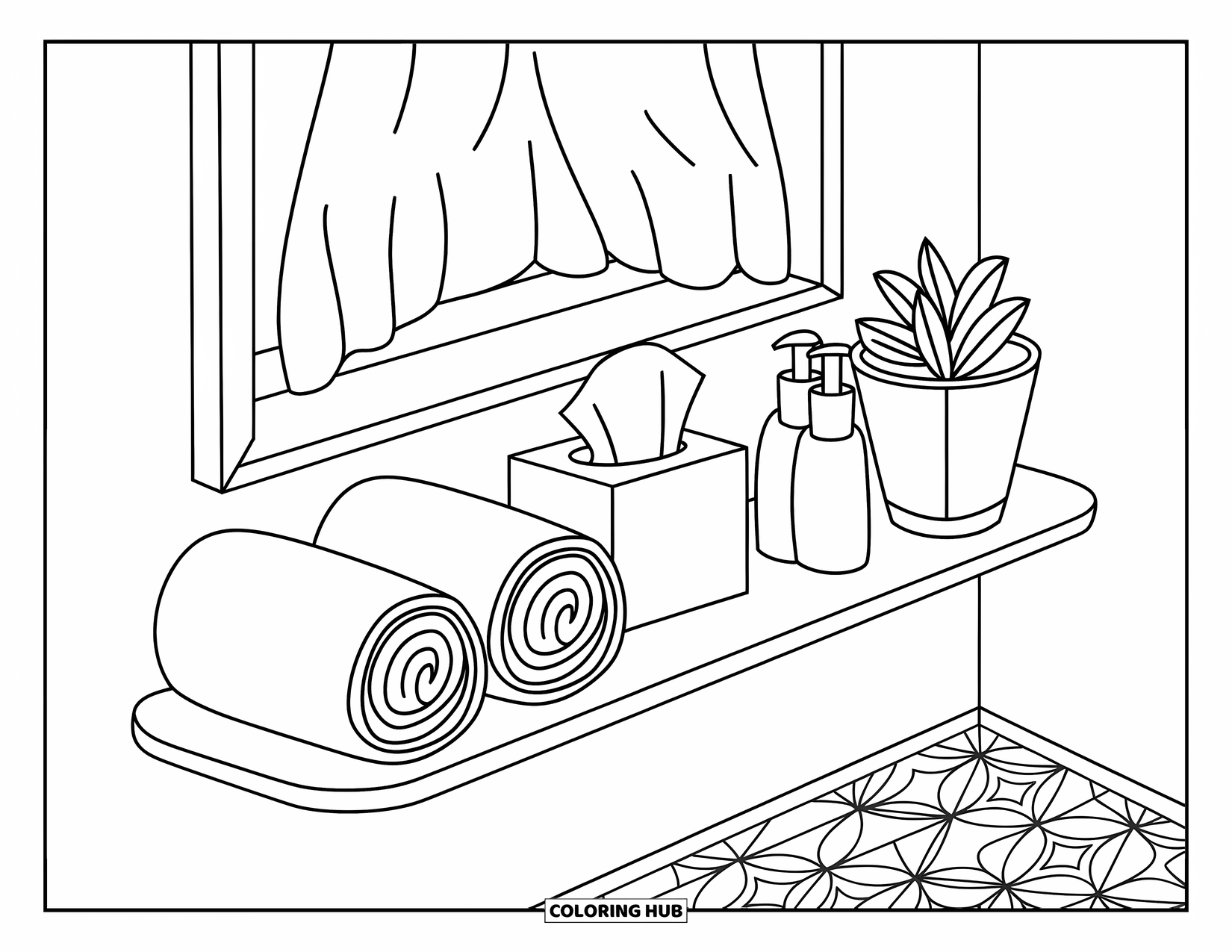 Bathroom Coloring Page for Kids: Bathroom shelf near a window with rolled towels and lotions