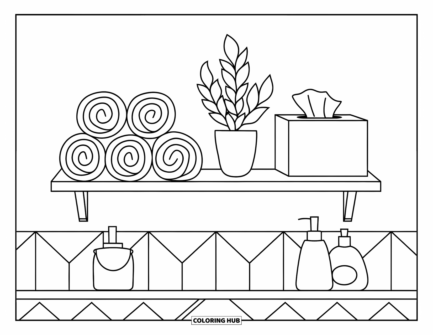 Bathroom Coloring Page for Kids: Bathroom shelf with towels, potted plant, and tissue box