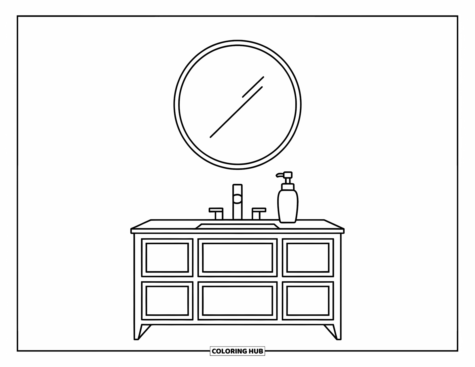 Bathroom Coloring Page for Kids: Bathroom vanity with drawers, faucet, mirror, and soap pump